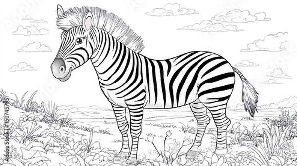 Fototapeta Playful Cartoon Zebra in Meadow - Children's Coloring Book Page