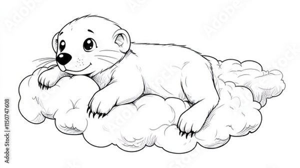 Fototapeta Cartoon Meerkat Nap Time on Cloud, Coloring Book Page for Kids