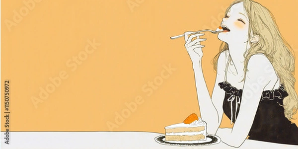 Obraz 幸せそうにケーキを食べる少女。水彩画。イラスト。