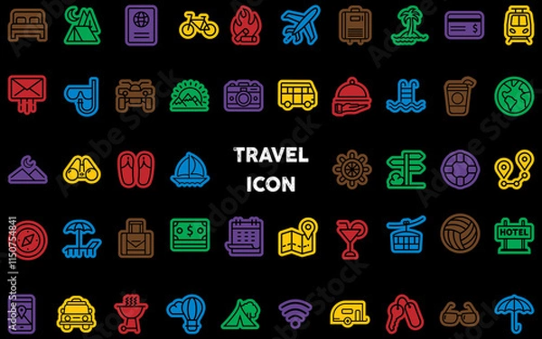 Obraz Set of color icons for travel and recreation. Contains design, travel, vacation, summer, vacation, tourism and more. A collection of solid vector icons divided into layers.