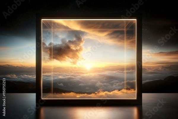 Fototapeta Sunset viewed through a glass cube over clouds creates a surreal visual experience
