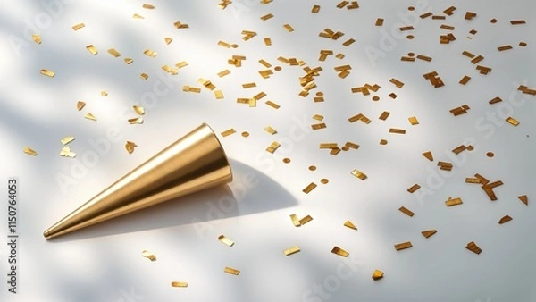 Obraz Golden party hat lying on a white surface, surrounded by scattered metallic gold confetti pieces, casting soft shadows under bright sunlight for a celebratory and festive ambiance.
