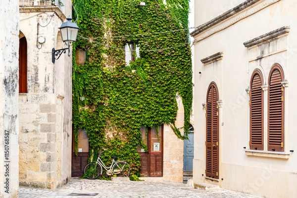 Fototapeta A picturesque square with a ivy-covered wall and a bicycle in the historical center of Otranto province of Lecce, Salento area, Puglia region, Italy
