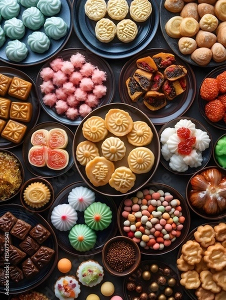 Fototapeta Aromatic Thai Dessert Platter: A vibrant overhead shot showcases an array of colorful and intricately designed Thai desserts, arranged on dark plates against a dark background.