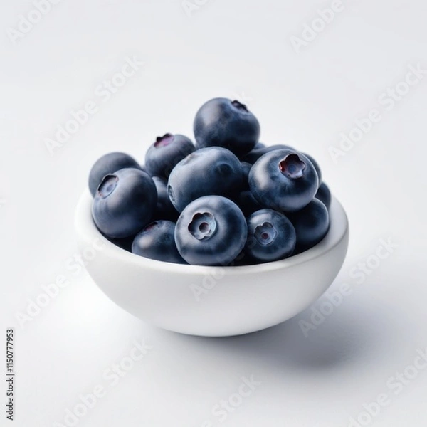 Fototapeta A small white bowl filled with fresh, plump blueberries sits on a clean white surface, showcasing their rich blue hues and natural texture in vivid detail. Generative, AI,