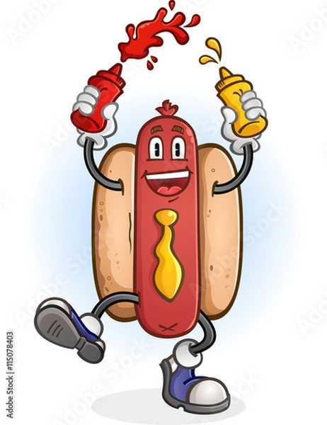 Obraz Hot Dog Cartoon Postacie wytryskujące przyprawy i taniec