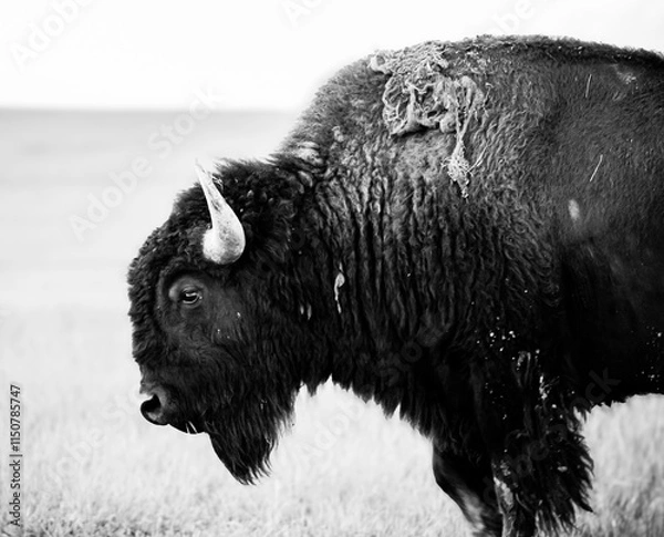 Obraz american bison aka buffalo in black and white from the side (side profile) shedding winter coat 