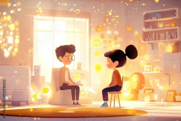 Obraz Abstract Cartoon Style Illustration Depicting a Comforting Atmosphere During a Vaccination Appointment with Focus on Health and Wellness Icons
