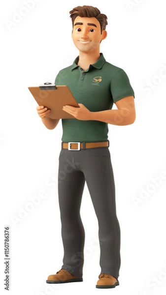 Fototapeta A cartoon-style young man stands holding a clipboard, dressed in a green shirt and gray pants, suggesting a professional or service role.