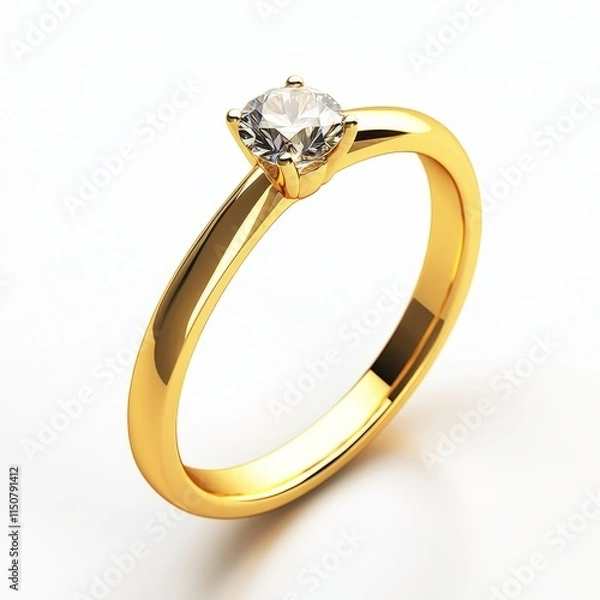 Fototapeta A gold wedding ring with a diamond, isolated on a white background.