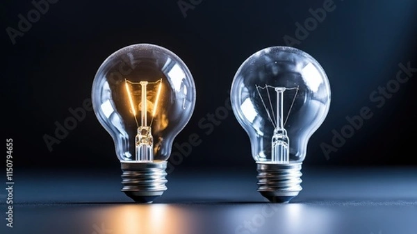 Fototapeta One glowing light bulb and one non-glowing on dark background