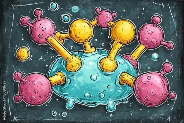 Obraz Playful Cartoon Style Illustration of the Chemical Structure of Water H2O on a Chalkboard Background with Bright Colors and Whimsical Elements