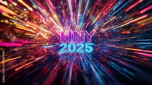 Fototapeta Colorful 3D Style Design with HNY 2025 in Vibrant and Dynamic Background of Light Reflections