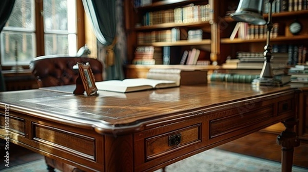 Obraz Antique Wooden Desk in a Study with Books and a Leather Chair