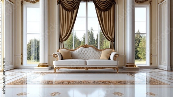 Fototapeta Luxurious living room with white and gold sofa, elegant curtains, large windows
