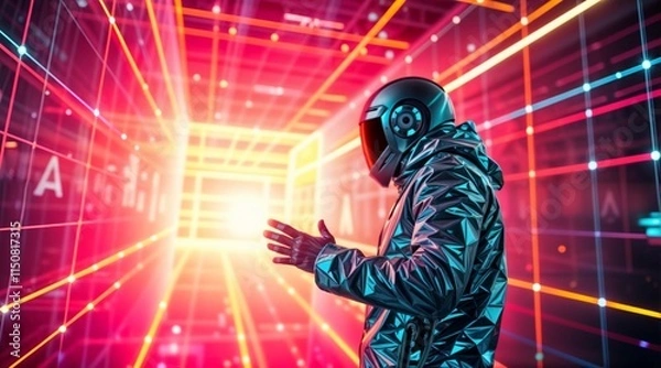 Fototapeta person standing on high-tech background with neon lines and dots for futuristic designs