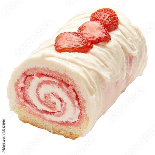 Fototapeta Delicious strawberry roll cake with creamy frosting and fresh strawberries