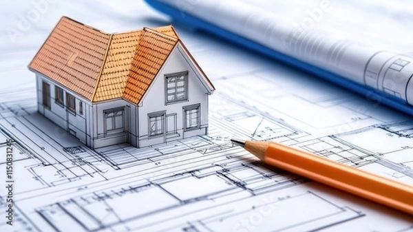 Obraz Miniature house model and blueprints with orange pencil
