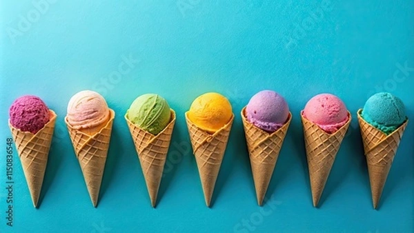 Obraz Colorful Ice Cream Cones on Blue Background, ice cream cones, colorful, blue background