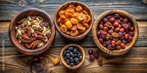 Fototapeta A rustic arrangement of assorted dried fruit and nuts, presented in wooden bowls on a weathered wood surface.