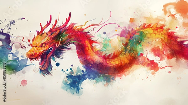 Fototapeta Watercolor-style Chinese dragon illustrations featuring bold splashes of color and fluid movement, ideal for creative artistic presentations