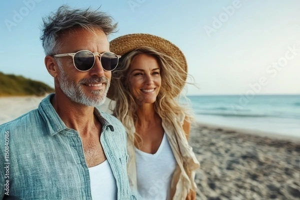 Obraz Older couple wearing stylish sunglasses on a beach, facing the ocean with a shared sense of tranquility and contentment, enjoying the cool breeze.
