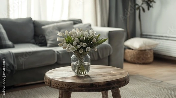 Fototapeta Flowers in wooden table in front of grey settee in modern simple apartment interior with stool
