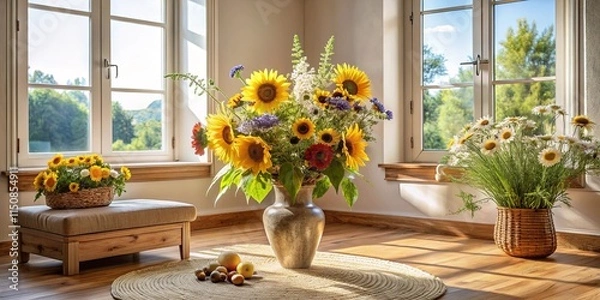 Fototapeta Sunlit room with vibrant sunflower and daisy arrangements in rustic vases and baskets, sitting on a wooden ottoman and jute rug