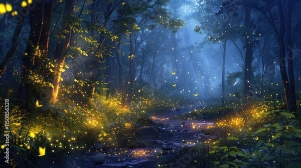 Fototapeta Enchanted Forest at Night with Fireflies