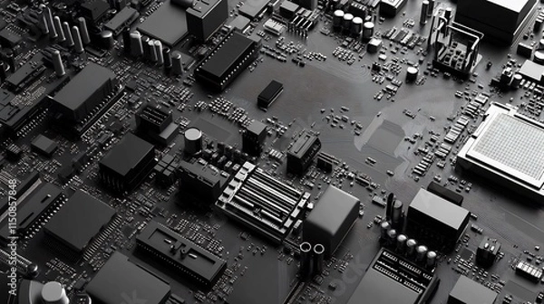 Fototapeta Close-up of a complex black computer motherboard.