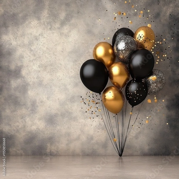Obraz Shimmering Balloons and Confetti on Grunge Wall - Ideal for Birthday, Party or Holiday Card! Space for Text. Futuristic Style 2035.
