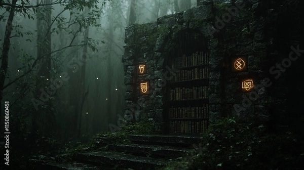 Fototapeta Mystical stone library hidden deep within a fog-shrouded forest.