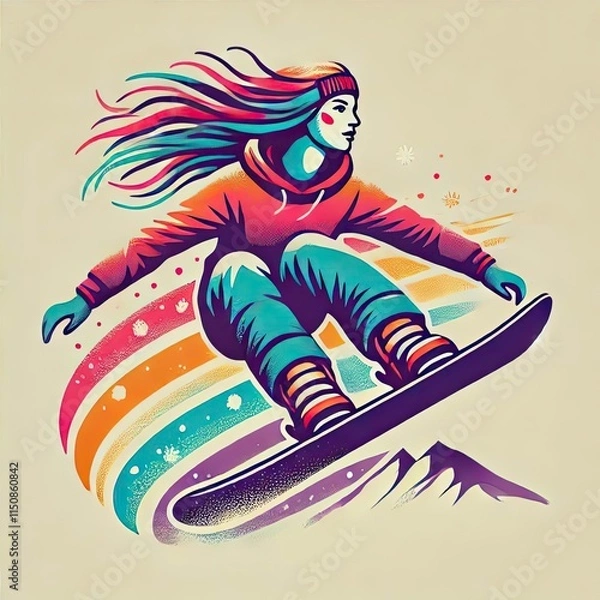 Fototapeta A stylized portrait of Jumping snowboarder from hill in winter. Perfect for logo, poster, avatar, t-shirt design. Colorful cute screen printing effect. Riso print effect.
