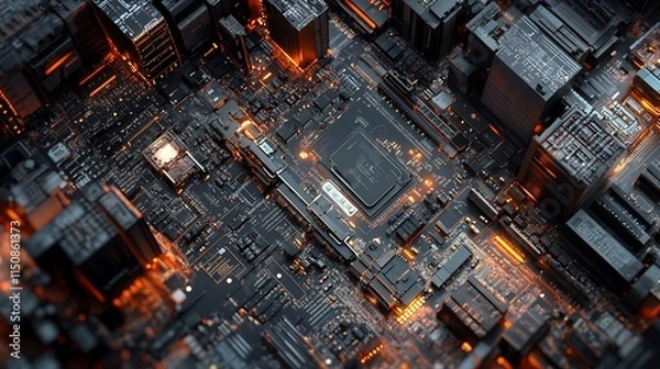 Fototapeta Futuristic illuminated circuit board with central processor.