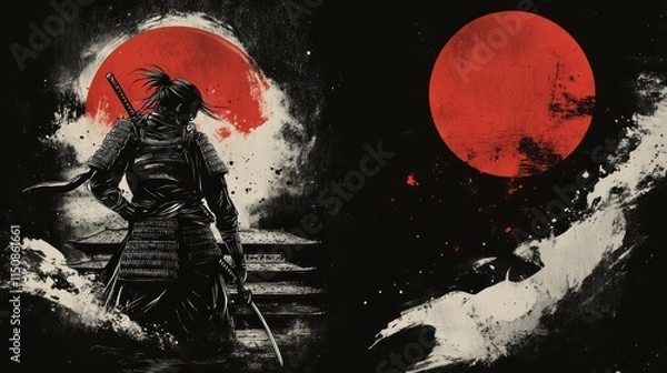 Obraz dark samurai, a red moon in the background