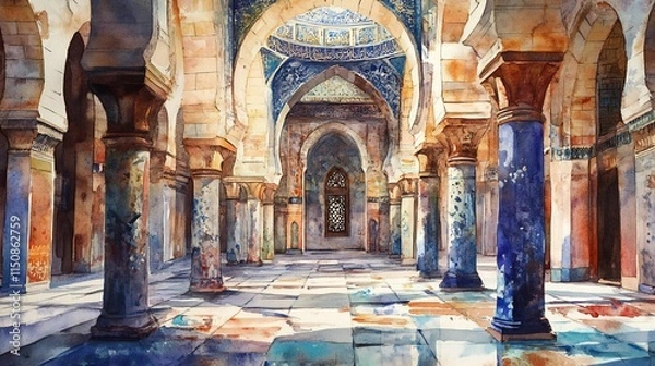 Fototapeta Sunlit interior of ancient mosque with intricate columns and arches.