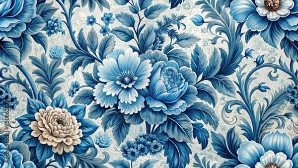 Obraz Blue Floral Wallpaper, Vintage Seamless Pattern, Macro Photography, Botanical Print, Morris Design Inspired