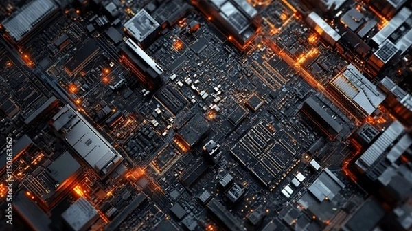 Fototapeta Abstract close-up of a complex circuit board with glowing orange components.