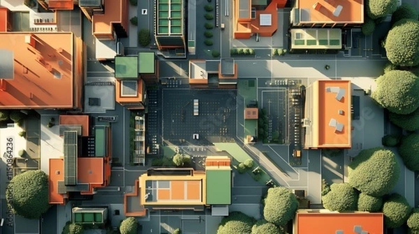 Fototapeta Aerial view of a city block with buildings, roads, and trees.