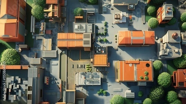 Fototapeta Aerial view of a city block with buildings, streets, and trees. (1)