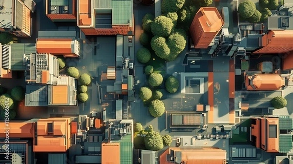Fototapeta Aerial view of a city with buildings and trees.