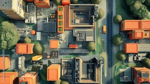 Fototapeta Aerial view of a city with buildings, roads, and trees.