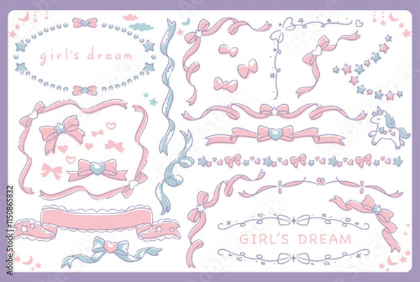 Obraz ゆめかわ、ガーリーなリボンのフレーム・デザイン素材。ベクターイラスト素材。