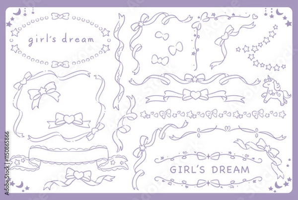 Obraz ゆめかわ、ガーリーなリボンのフレーム・デザイン素材。ベクターイラスト素材。