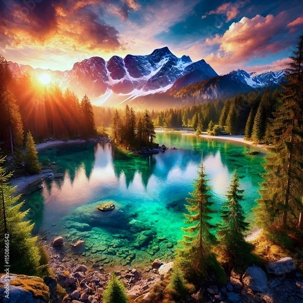 Fototapeta A lake in the middle of a forest with big mountains.