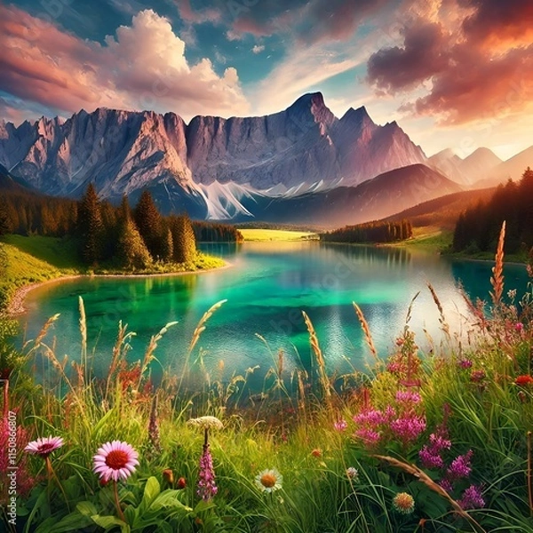 Fototapeta A lake in the middle of a forest with big mountains.