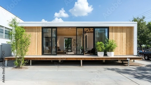 Fototapeta Modern Minimalist Wooden House with Large Windows and Deck Area
