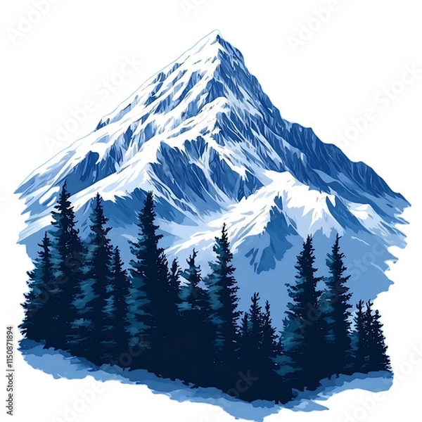 Fototapeta Snow-capped mountain peak with pine trees at the base, vector art, isolated