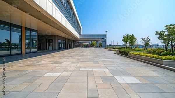 Obraz Modern Urban Plaza with Paved Pathway and Lush Greenery