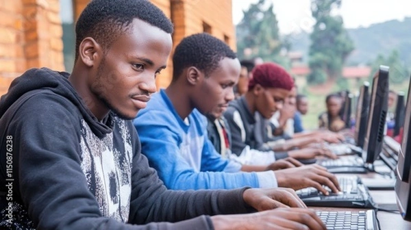Fototapeta Focused young African men using computers in a row.